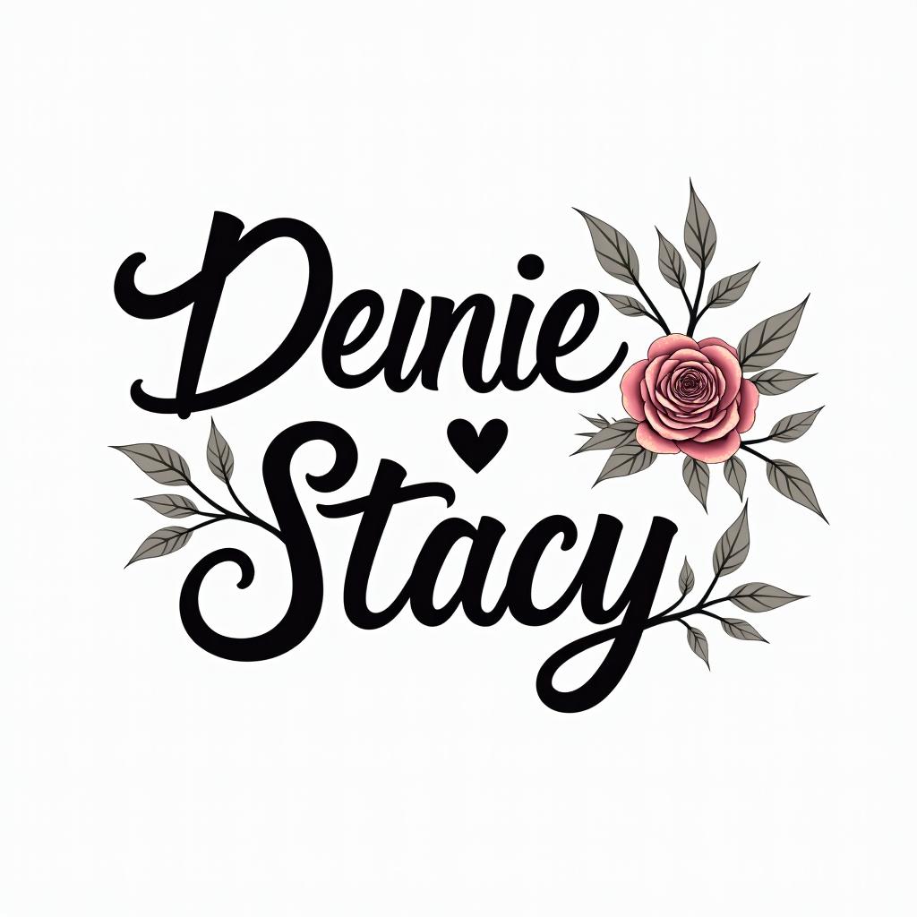 Daniel, Stacyin elegant cursive calligraphy style 2d tattoo, decorate with roses, featuring a smooth and flowing handwritten script with slightly thickened strokes for a luxurious and bold appearance, heart symbol between names, sleek and glossy black text with shadowing, minimalist matte white background, clean and sharp edges, illuminated with soft lighting, romantic, 8k, high-quality textures with refined typography - Variation 6