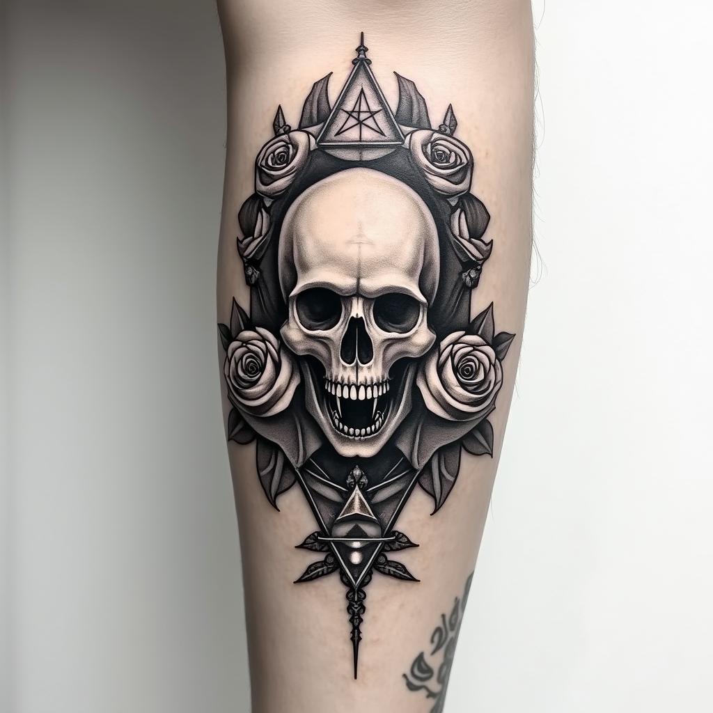 Tattoo two small realistic roses, forearm, fine linecreepy horror tattoo style, featuring an eerie and unsettling skull of a demonic creature, distorted face with sharp fangs, add pentagram symbol