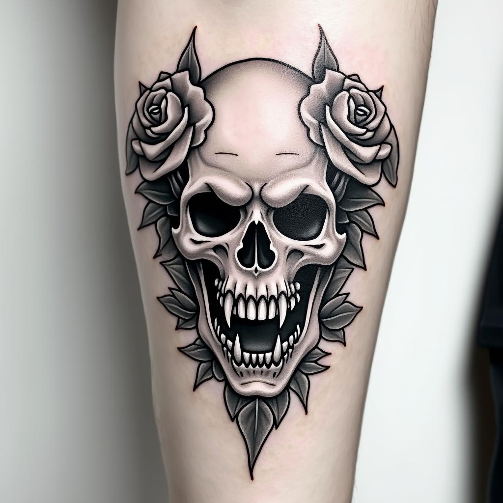 Tattoo two small realistic roses, forearm, fine linecreepy horror tattoo style, featuring an eerie and unsettling skull of a demonic creature, distorted face with sharp fangs, add pentagram symbol - Variation 4
