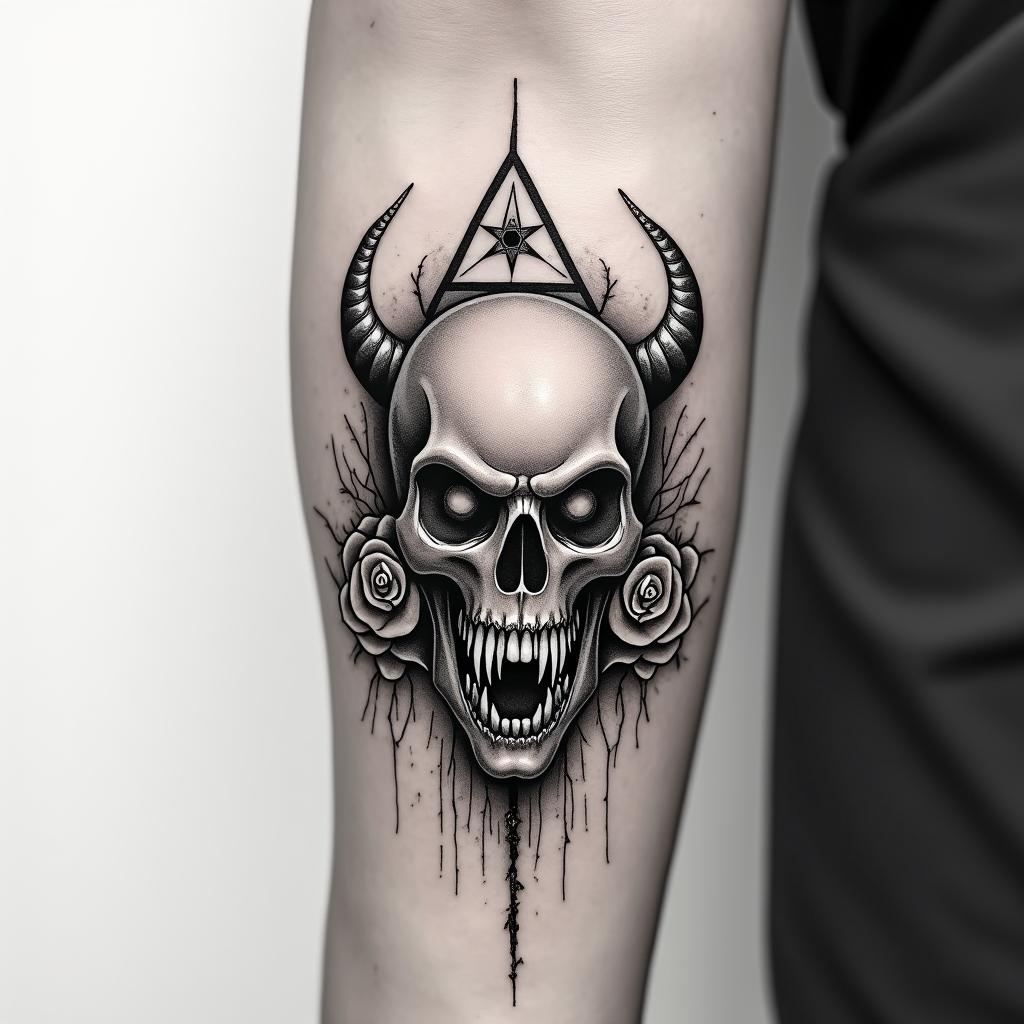 Tattoo two small realistic roses, forearm, fine linecreepy horror tattoo style, featuring an eerie and unsettling skull of a demonic creature, distorted face with sharp fangs, add pentagram symbol - Variation 2