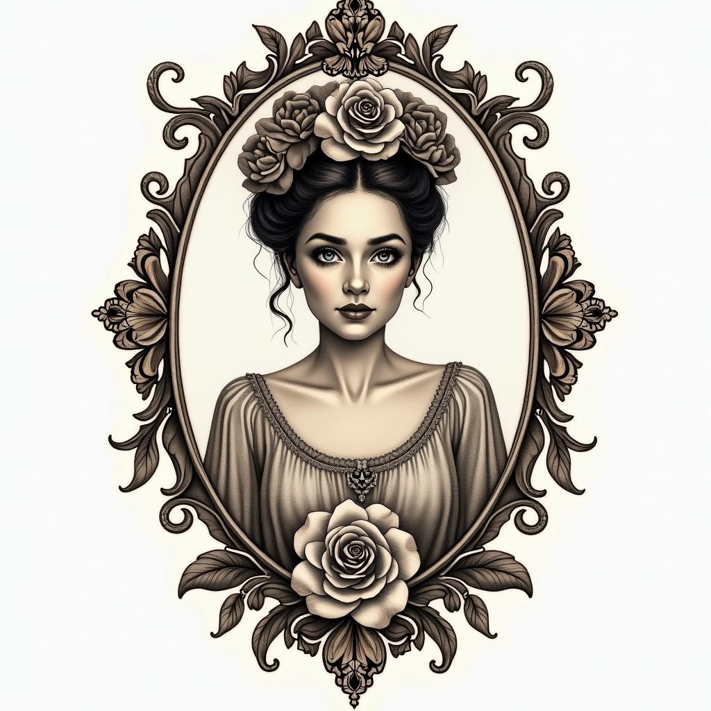 EMTin victorian style tattoo, featuring vintage and elegant elements, ornate frames, roses, antique, sepia-toned color scheme - Variation 4