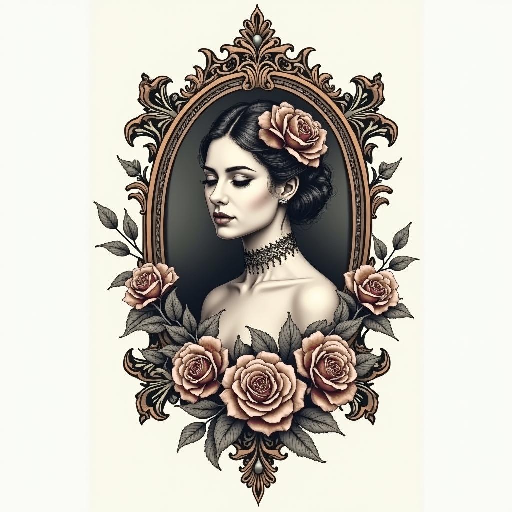EMTin victorian style tattoo, featuring vintage and elegant elements, ornate frames, roses, antique, sepia-toned color scheme - Variation 2