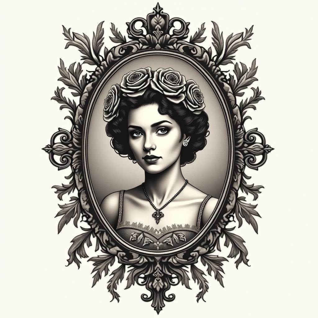 EMTin victorian style tattoo, featuring vintage and elegant elements, ornate frames, roses, antique, sepia-toned color scheme - Variation 3