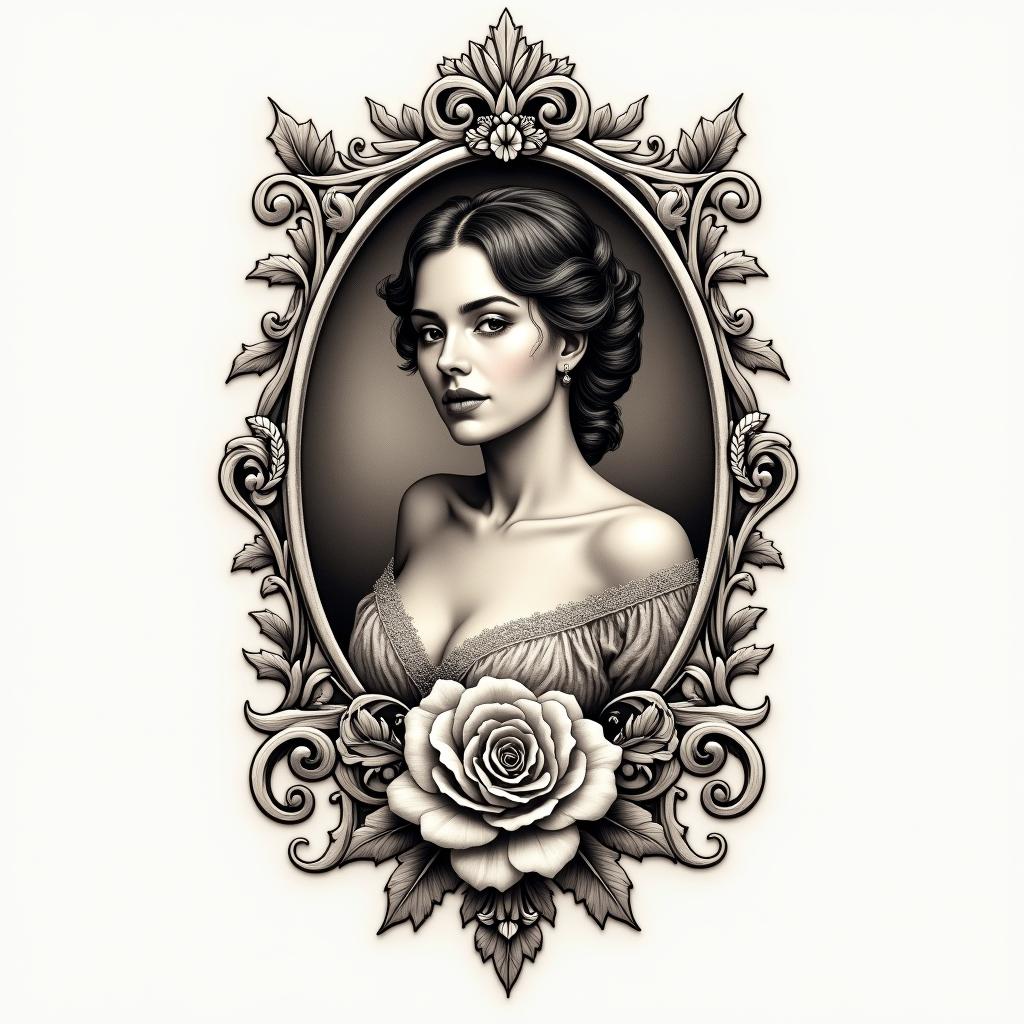 EMTin victorian style tattoo, featuring vintage and elegant elements, ornate frames, roses, antique, sepia-toned color scheme