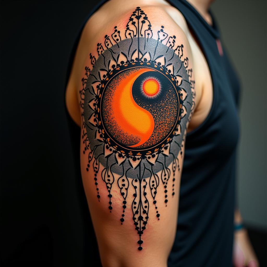 Sun and moon intertwined, glowingin dotwork style tattoo, complex mandala patterns, interlocking geometric shapes with sharp symmetry, clean lines, sharp angles - Variation 4