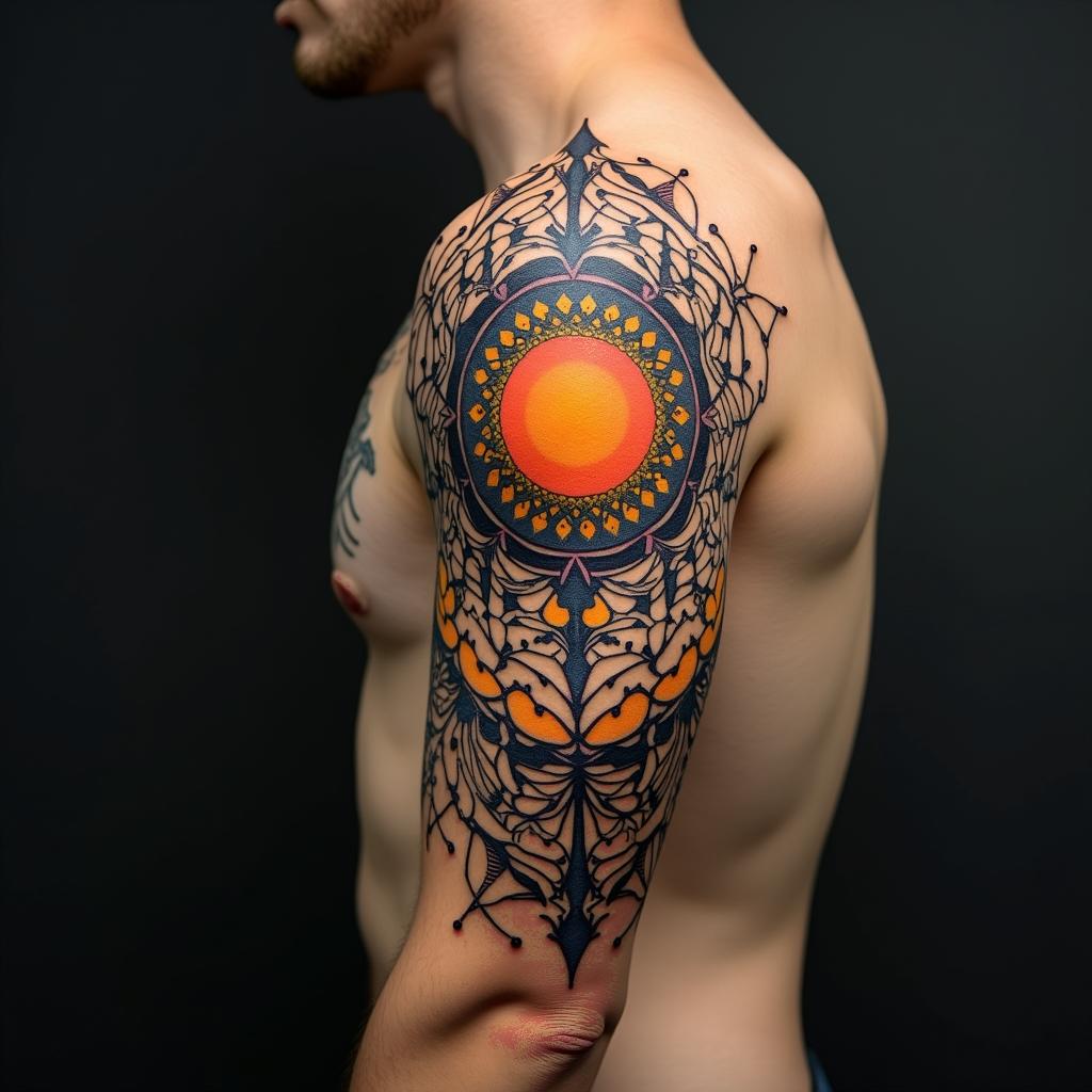 Sun and moon intertwined, glowingin dotwork style tattoo, complex mandala patterns, interlocking geometric shapes with sharp symmetry, clean lines, sharp angles - Variation 3