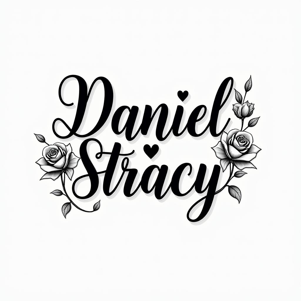 Daniel, Stacyin elegant cursive calligraphy style 2d tattoo, decorate with roses, featuring a smooth and flowing handwritten script with slightly thickened strokes for a luxurious and bold appearance, heart symbol between names, sleek and glossy black text with shadowing, minimalist matte white background, clean and sharp edges, illuminated with soft lighting, romantic, 8k, high-quality textures with refined typography - Variation 2