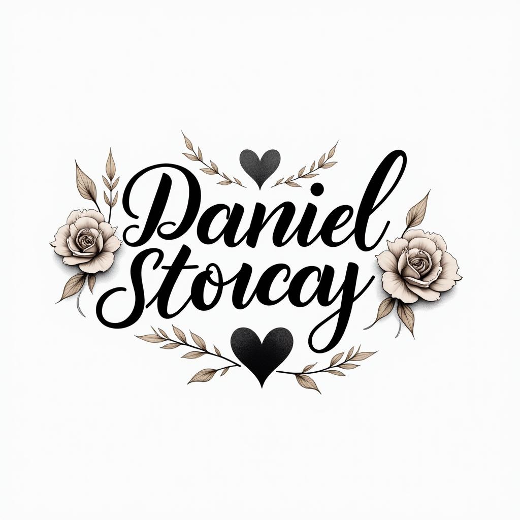 Daniel, Stacyin elegant cursive calligraphy style 2d tattoo, decorate with roses, featuring a smooth and flowing handwritten script with slightly thickened strokes for a luxurious and bold appearance, heart symbol between names, sleek and glossy black text with shadowing, minimalist matte white background, clean and sharp edges, illuminated with soft lighting, romantic, 8k, high-quality textures with refined typography - Variation 3