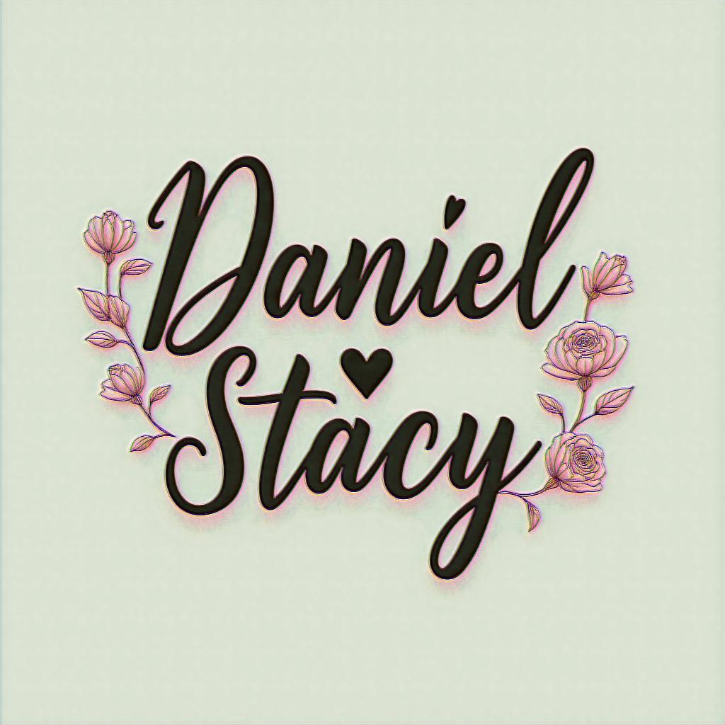 Daniel, Stacyin elegant cursive calligraphy style 2d tattoo, decorate with roses, featuring a smooth and flowing handwritten script with slightly thickened strokes for a luxurious and bold appearance, heart symbol between names, sleek and glossy black text with shadowing, minimalist matte white background, clean and sharp edges, illuminated with soft lighting, romantic, 8k, high-quality textures with refined typography - Variation 4