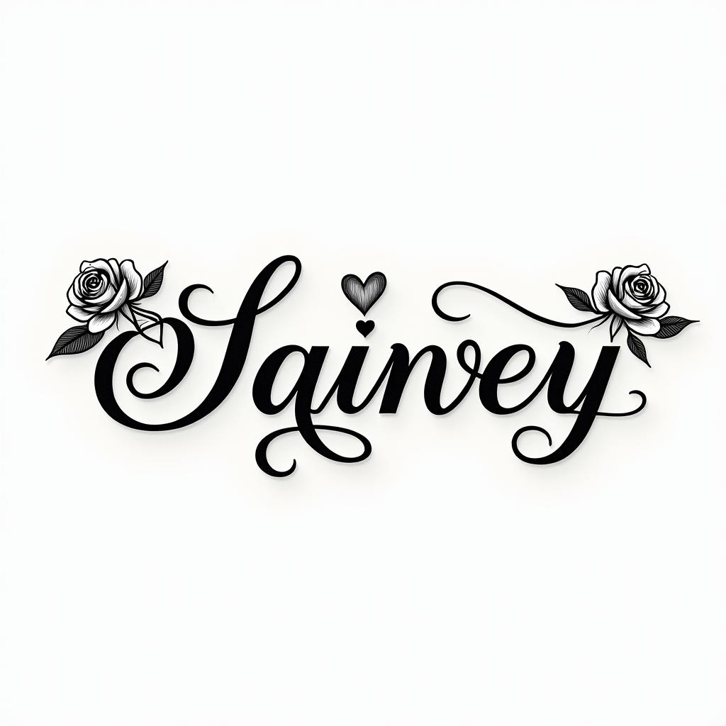 Daniel, Stacyin elegant cursive calligraphy style 2d tattoo, decorate with roses, featuring a smooth and flowing handwritten script with slightly thickened strokes for a luxurious and bold appearance, heart symbol between names, sleek and glossy black text with shadowing, minimalist matte white background, clean and sharp edges, illuminated with soft lighting, romantic, 8k, high-quality textures with refined typography