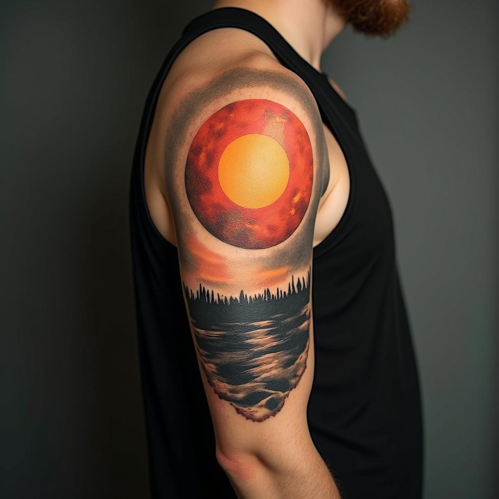 Sun and moon intertwined, glowingin realism tattoo style, featuring a highly detailed, lifelike, capturing every detail, photorealistic, ultra realistic, intricate shading, smooth and sharp, - Variation 2