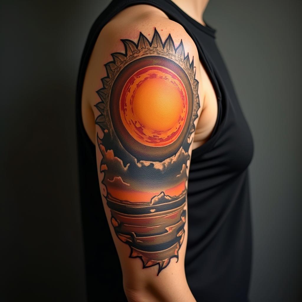 Sun and moon intertwined, glowingin realism tattoo style, featuring a highly detailed, lifelike, capturing every detail, photorealistic, ultra realistic, intricate shading, smooth and sharp, - Variation 4