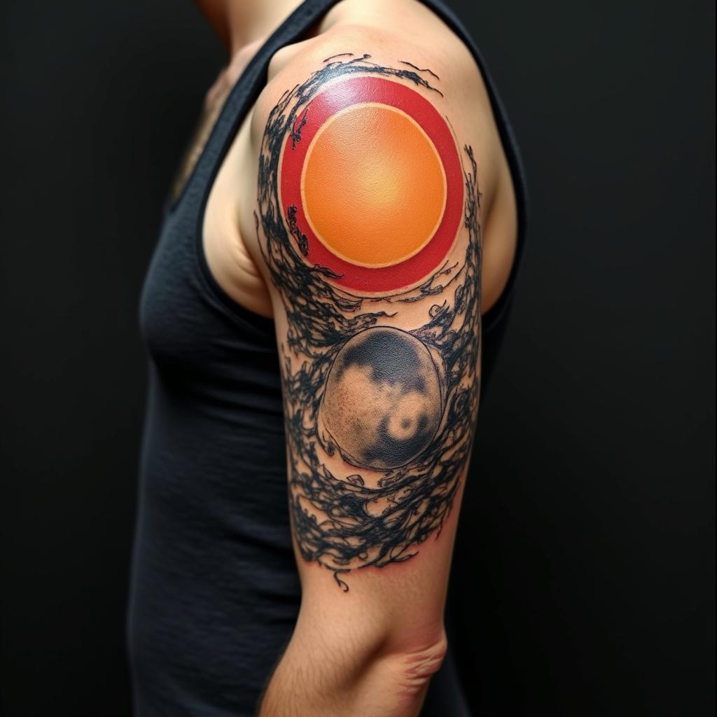 Sun and moon intertwined, glowingin realism tattoo style, featuring a highly detailed, lifelike, capturing every detail, photorealistic, ultra realistic, intricate shading, smooth and sharp,