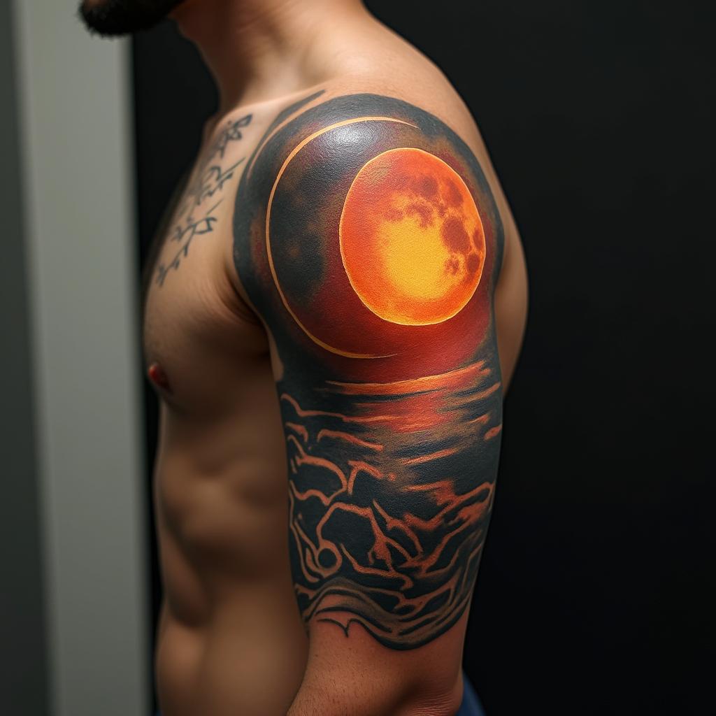 Sun and moon intertwined, glowingin realism tattoo style, featuring a highly detailed, lifelike, capturing every detail, photorealistic, ultra realistic, intricate shading, smooth and sharp, - Variation 3