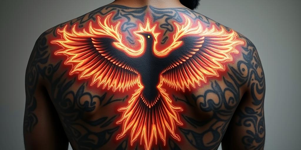 Phenix back tattooin flame tattoo style showcasing fiery elements with dynamic flame patterns, glowing effect of flames, natural colors - Variation 2