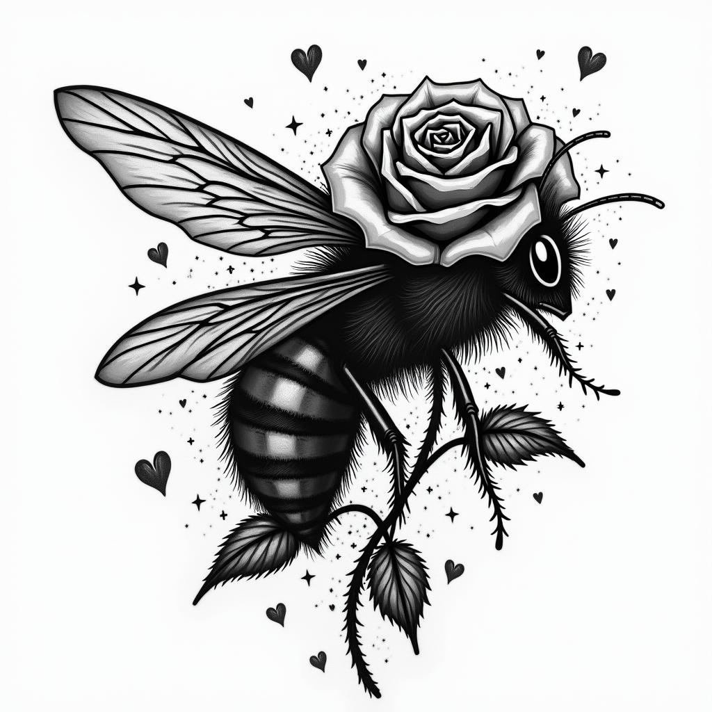 Bee rosein graffiti style tattoo, featuring bold and dynamic street art elements, spray-paint texture with exaggerated lines and expressive, chaotic brushstrokes, intricate lettering incorporated with graffiti tags, symbols like hearts, stars, and wings - Variation 4