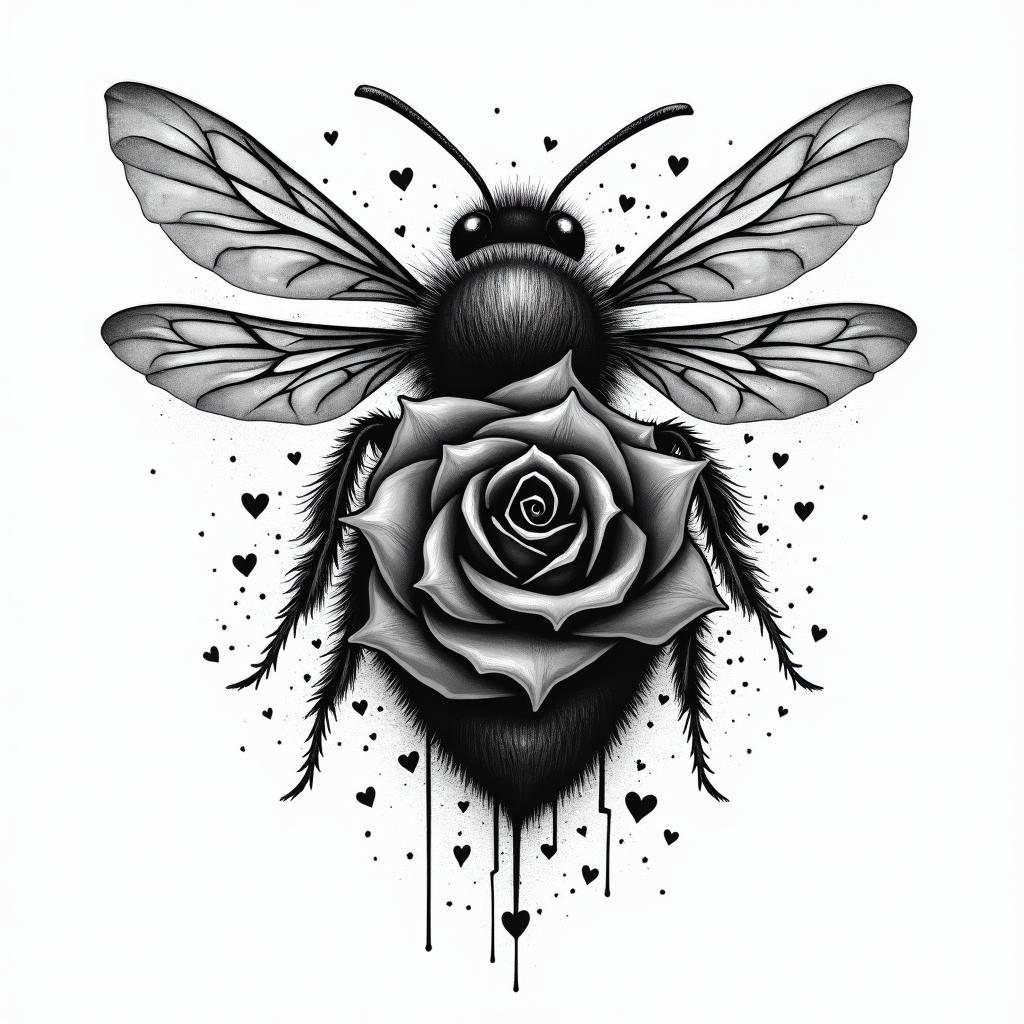 Bee rosein graffiti style tattoo, featuring bold and dynamic street art elements, spray-paint texture with exaggerated lines and expressive, chaotic brushstrokes, intricate lettering incorporated with graffiti tags, symbols like hearts, stars, and wings
