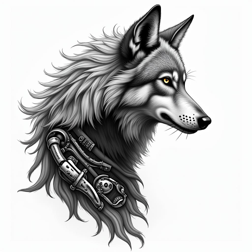 I am a wolf that was born in 1979, a father of 2 children, married, and with a wife who likes weapons.tattoo in biomechanic style, the tattoo covered by robotic elements of futuristic cyberpunk design, robotic features detail, showcasing intricate mechanical components - Variation 2