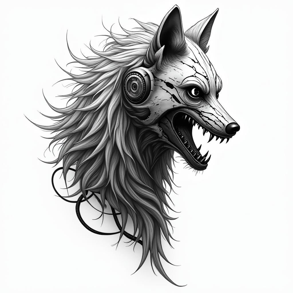 I am a wolf that was born in 1979, a father of 2 children, married, and with a wife who likes weapons.tattoo in biomechanic style, the tattoo covered by robotic elements of futuristic cyberpunk design, robotic features detail, showcasing intricate mechanical components - Variation 4