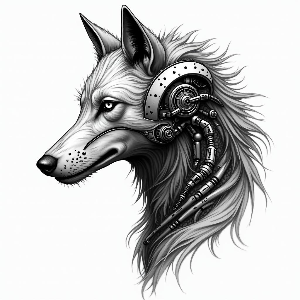 I am a wolf that was born in 1979, a father of 2 children, married, and with a wife who likes weapons.tattoo in biomechanic style, the tattoo covered by robotic elements of futuristic cyberpunk design, robotic features detail, showcasing intricate mechanical components - Variation 3