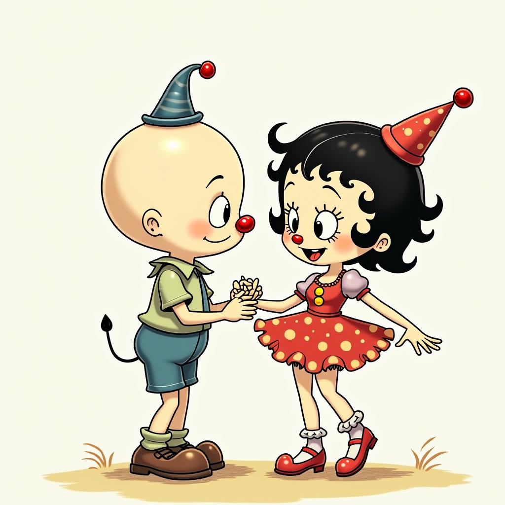 Betty boop clown and ghostGhibli, Studio Ghibli aesthetic, hand-drawn anime style, retro nostalgic atmosphere, retro soft pastel color palette with earthy tones, retro Japanese cinematic shot, yellow tint effect, bald character, smooth surface, anime shadow 90's anime style - Variation 4