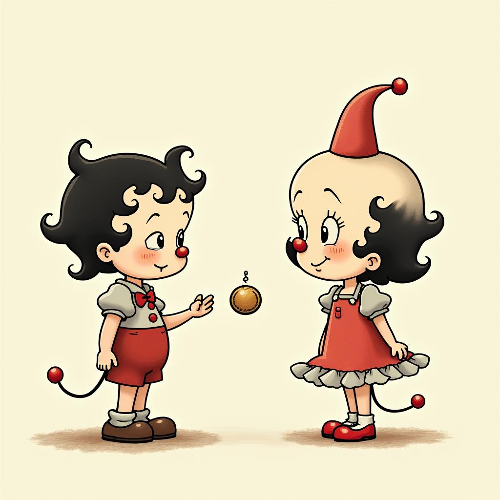 Betty boop clown and ghostGhibli, Studio Ghibli aesthetic, hand-drawn anime style, retro nostalgic atmosphere, retro soft pastel color palette with earthy tones, retro Japanese cinematic shot, yellow tint effect, bald character, smooth surface, anime shadow 90's anime style