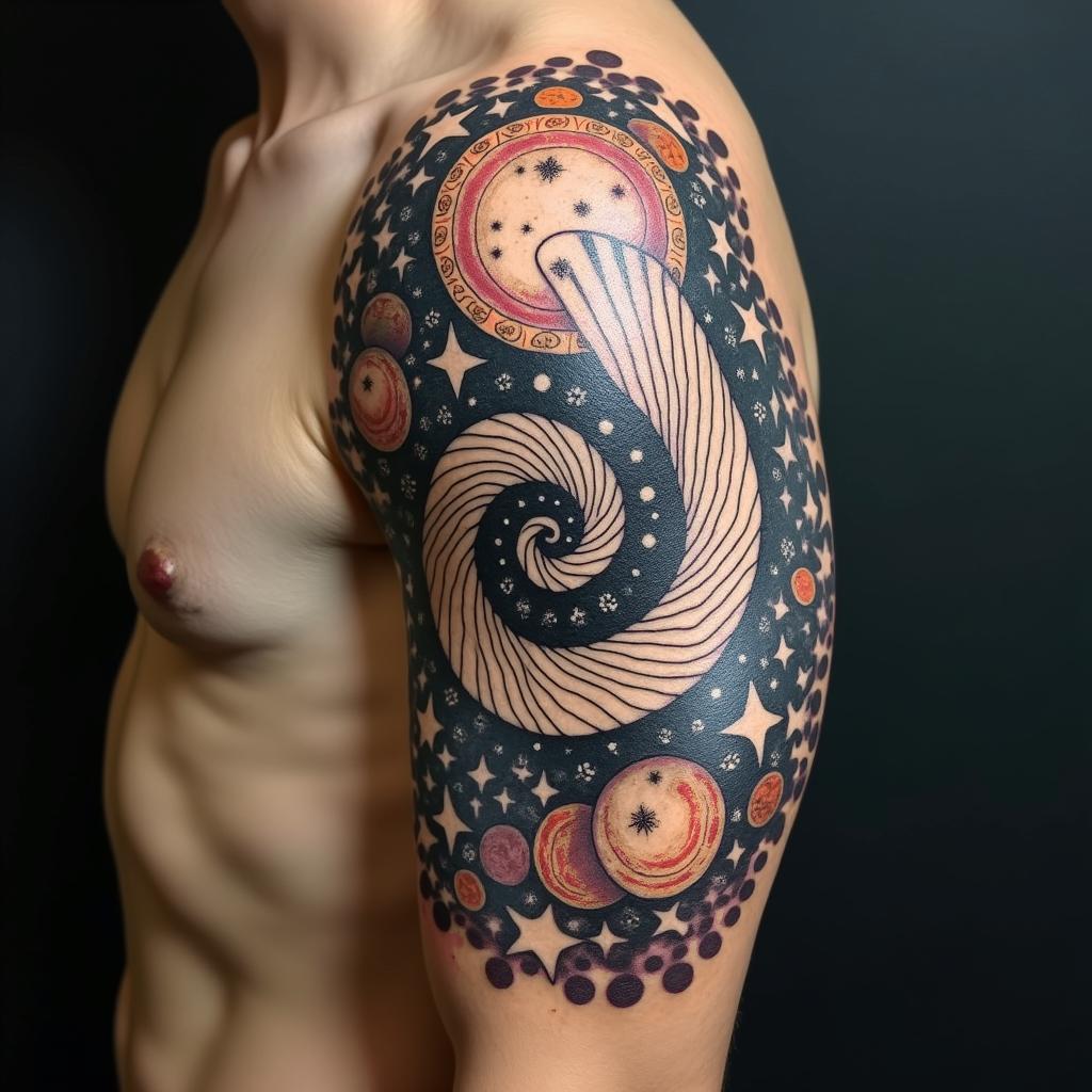 Spiral galaxy with stars and planetsin dotwork style tattoo, complex mandala patterns, interlocking geometric shapes with sharp symmetry, clean lines, sharp angles - Variation 2