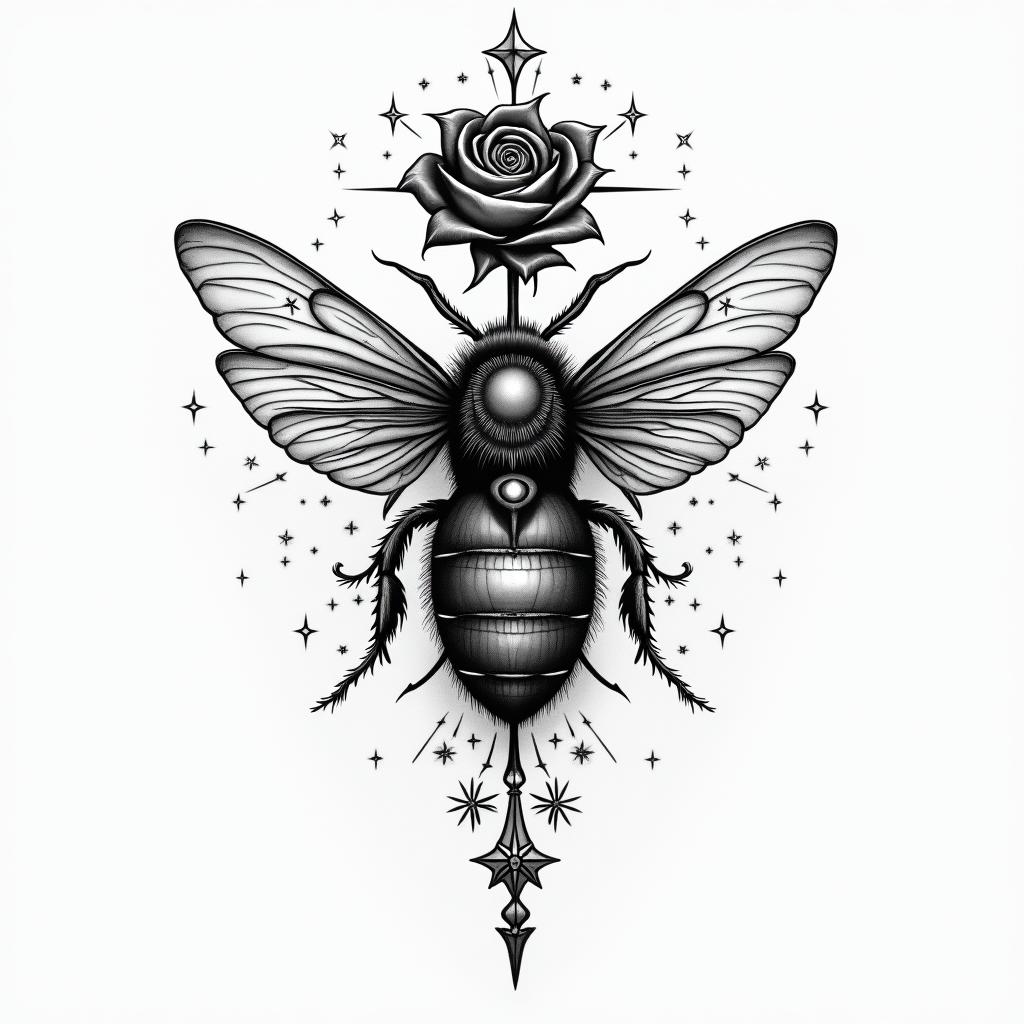 Bee rosein prophecy tattoo style, featuring mystical symbols, celestial imagery like stars, moons, suns, geometric patterns, foretelling elements, an eye of wisdom - Variation 3