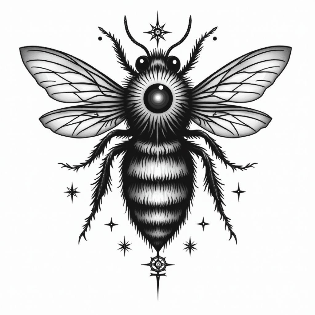 Bee rosein prophecy tattoo style, featuring mystical symbols, celestial imagery like stars, moons, suns, geometric patterns, foretelling elements, an eye of wisdom