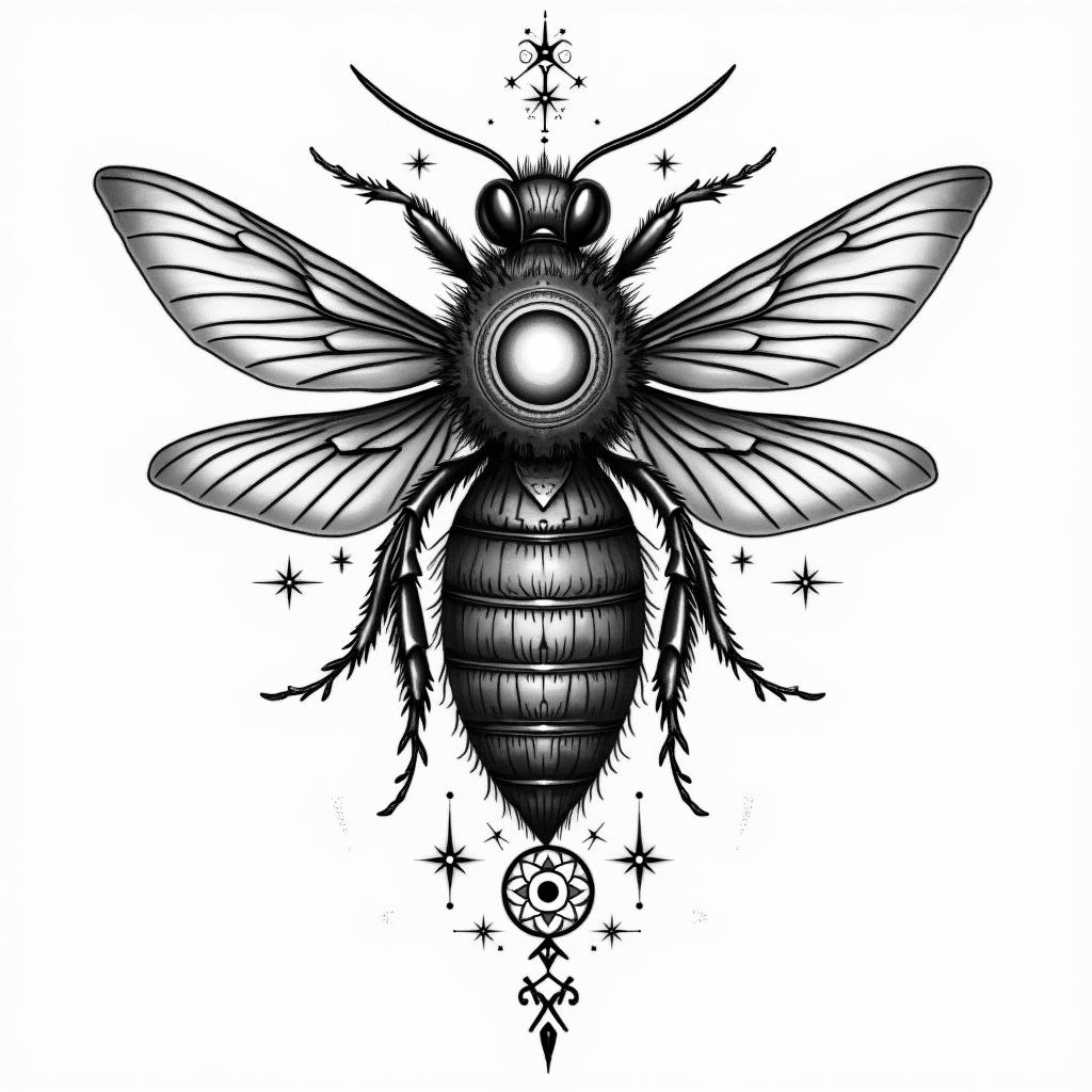 Bee rosein prophecy tattoo style, featuring mystical symbols, celestial imagery like stars, moons, suns, geometric patterns, foretelling elements, an eye of wisdom - Variation 2