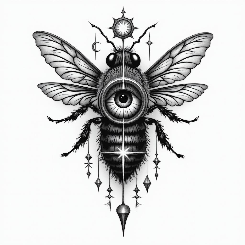 Bee rosein prophecy tattoo style, featuring mystical symbols, celestial imagery like stars, moons, suns, geometric patterns, foretelling elements, an eye of wisdom - Variation 4
