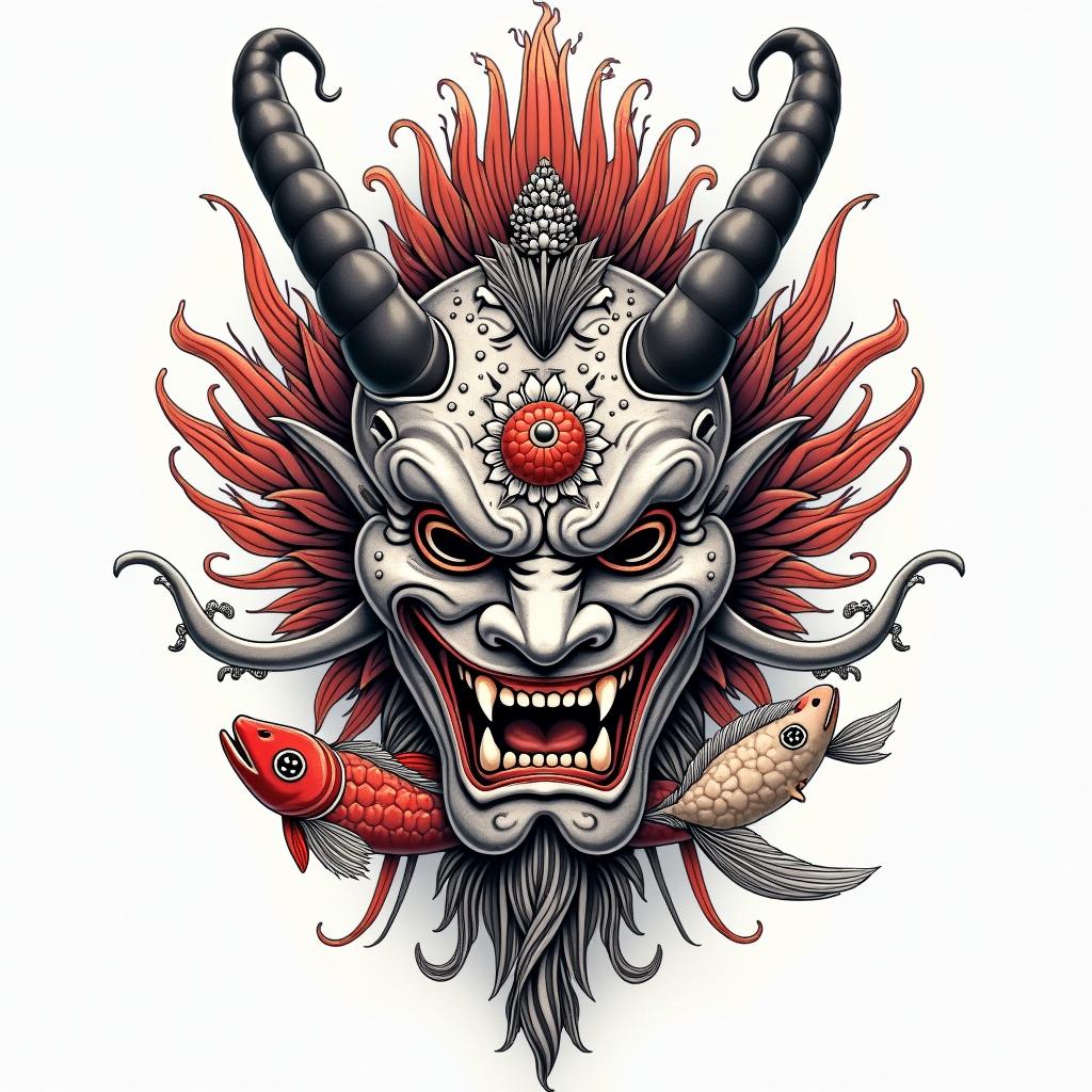 Hannya mask with Japanese castle and koy fish with a lot of colourin japanese style tattoo, detailed tattoo, traditional japanese culture tattoo, mythology, 8k - Variation 3