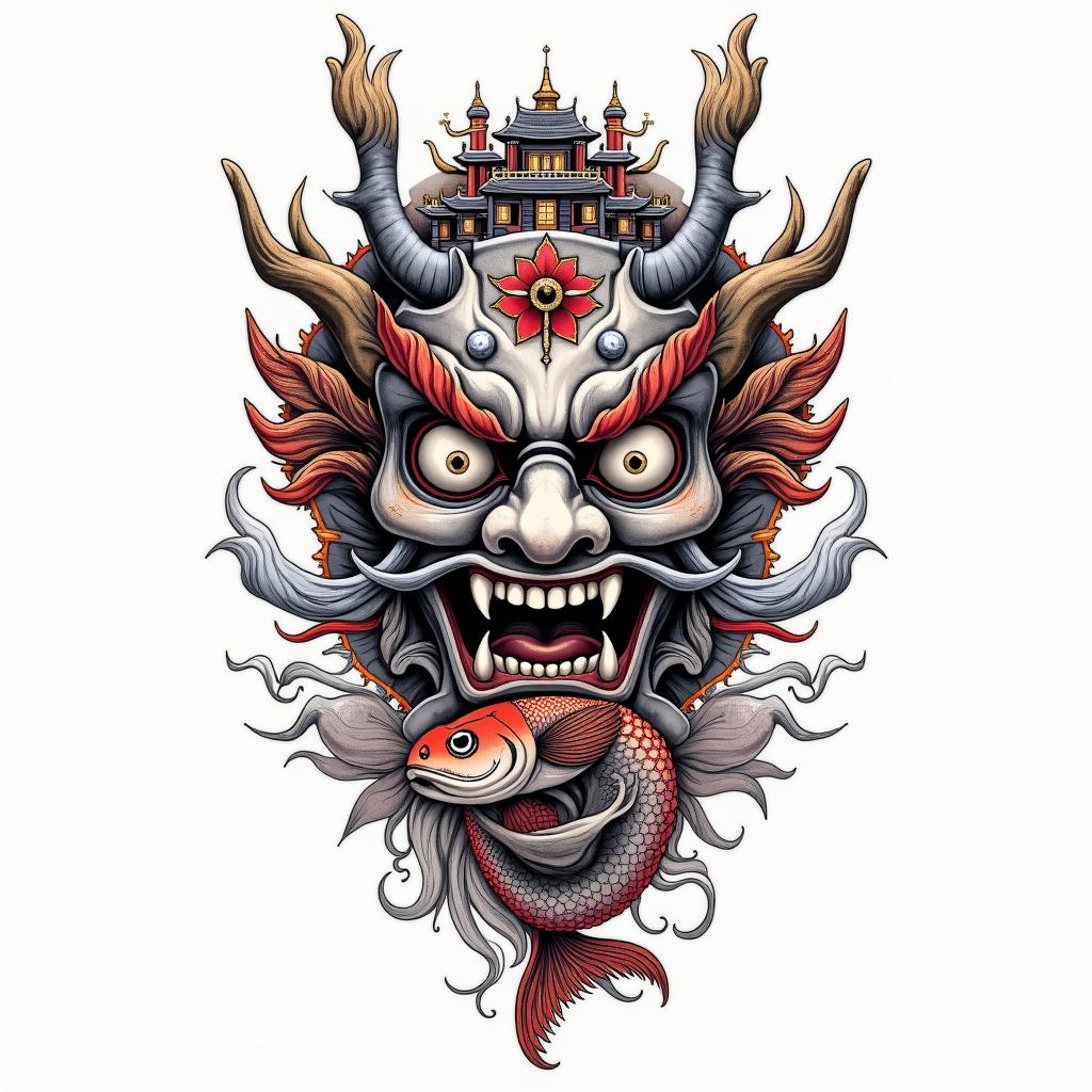 Hannya mask with Japanese castle and koy fish with a lot of colourin japanese style tattoo, detailed tattoo, traditional japanese culture tattoo, mythology, 8k - Variation 4