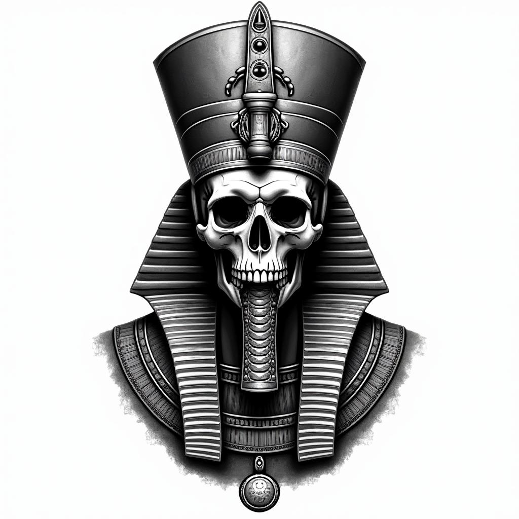 Picture of a king wearing a crown and lion tape with a skull facein egyptian style tattoo, bold elements of ancient egyptian culture including a portrait of an Egyptian pharaoh with detailed facial features, in hieroglyphs and symbolic imagery, eye of horus, ankh symbol, scarab beetle - Variation 3