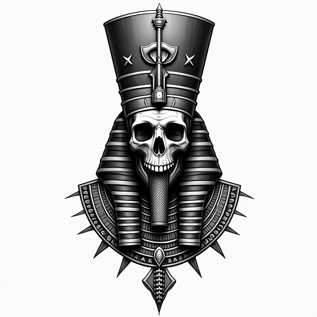 Picture of a king wearing a crown and lion tape with a skull facein egyptian style tattoo, bold elements of ancient egyptian culture including a portrait of an Egyptian pharaoh with detailed facial features, in hieroglyphs and symbolic imagery, eye of horus, ankh symbol, scarab beetle - Variation 2