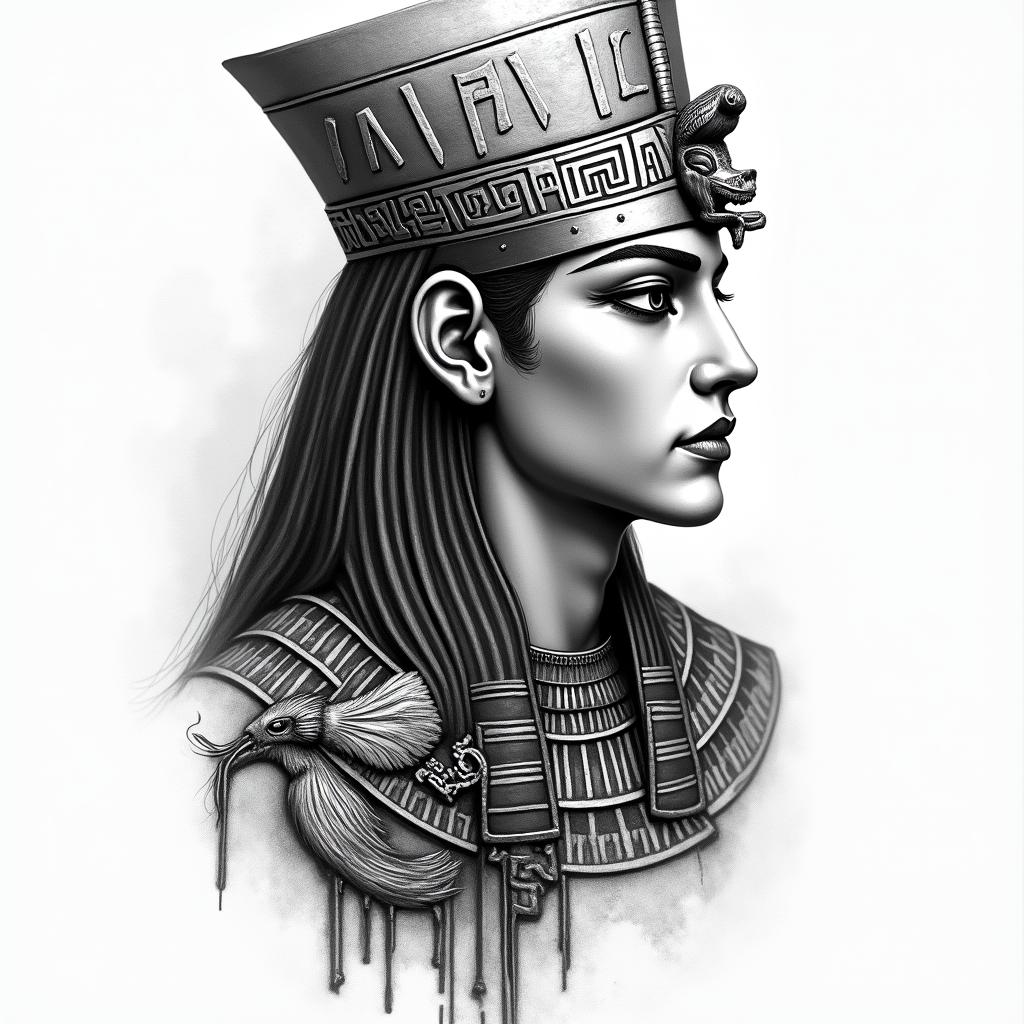 Libra, malein egyptian style tattoo, bold elements of ancient egyptian culture including a portrait of an Egyptian pharaoh with detailed facial features, in hieroglyphs and symbolic imagery, eye of horus, ankh symbol, scarab beetle