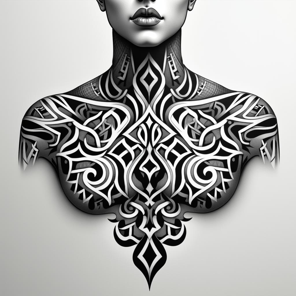 I have a tattoo that goes across my chest from collar bone to the other side it says loyalty and honor but it's messed up what can I do too put something different over it I'm a 34 yr old femalein tribal tattoo style, featuring bold and black geometric shapes, curved lines, intertwine and flow seamlessly, creating a powerful and symbolic design, polynesian and maori styles - Variation 2