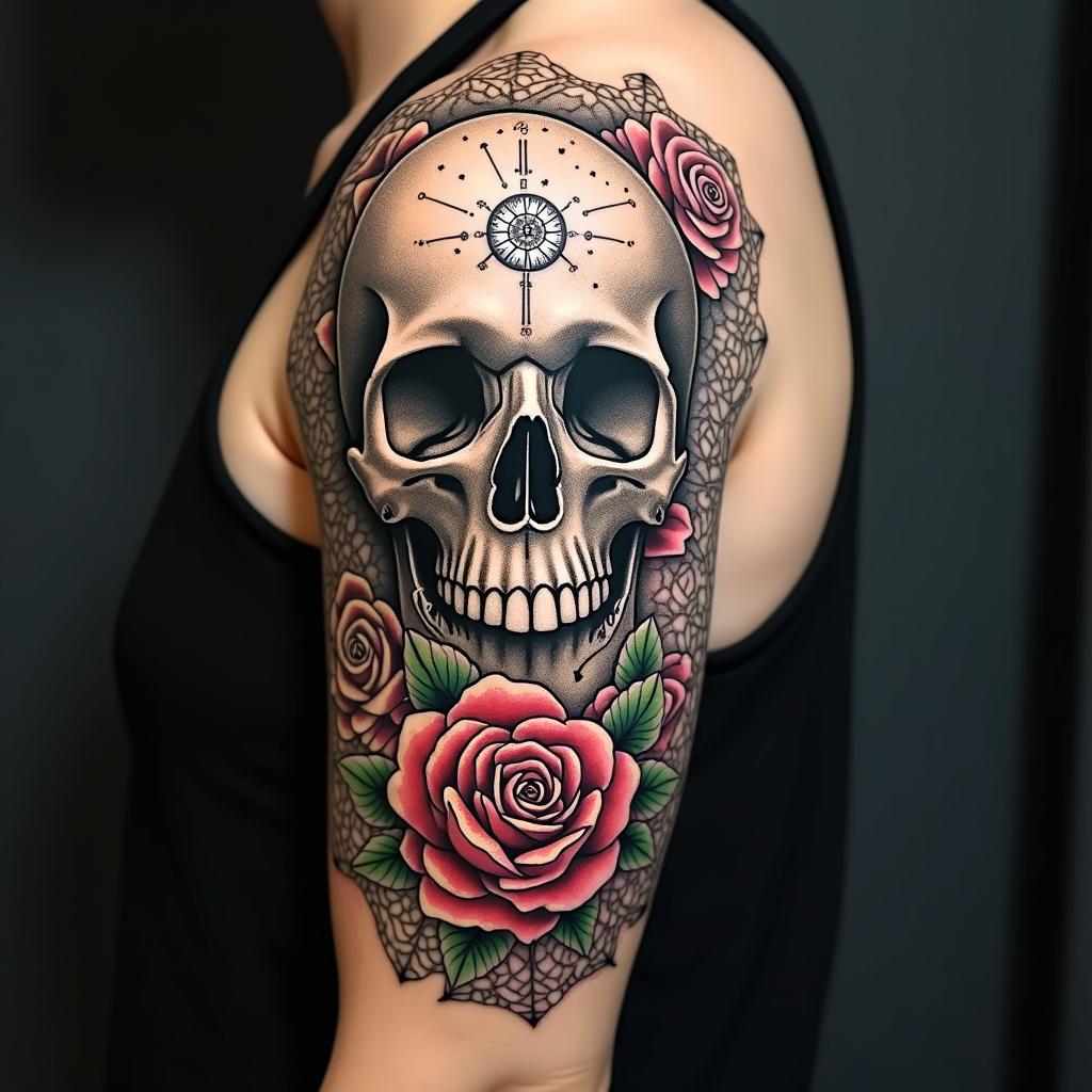 Skull with roses and clock elementsin dotwork style tattoo, complex mandala patterns, interlocking geometric shapes with sharp symmetry, clean lines, sharp angles - Variation 3
