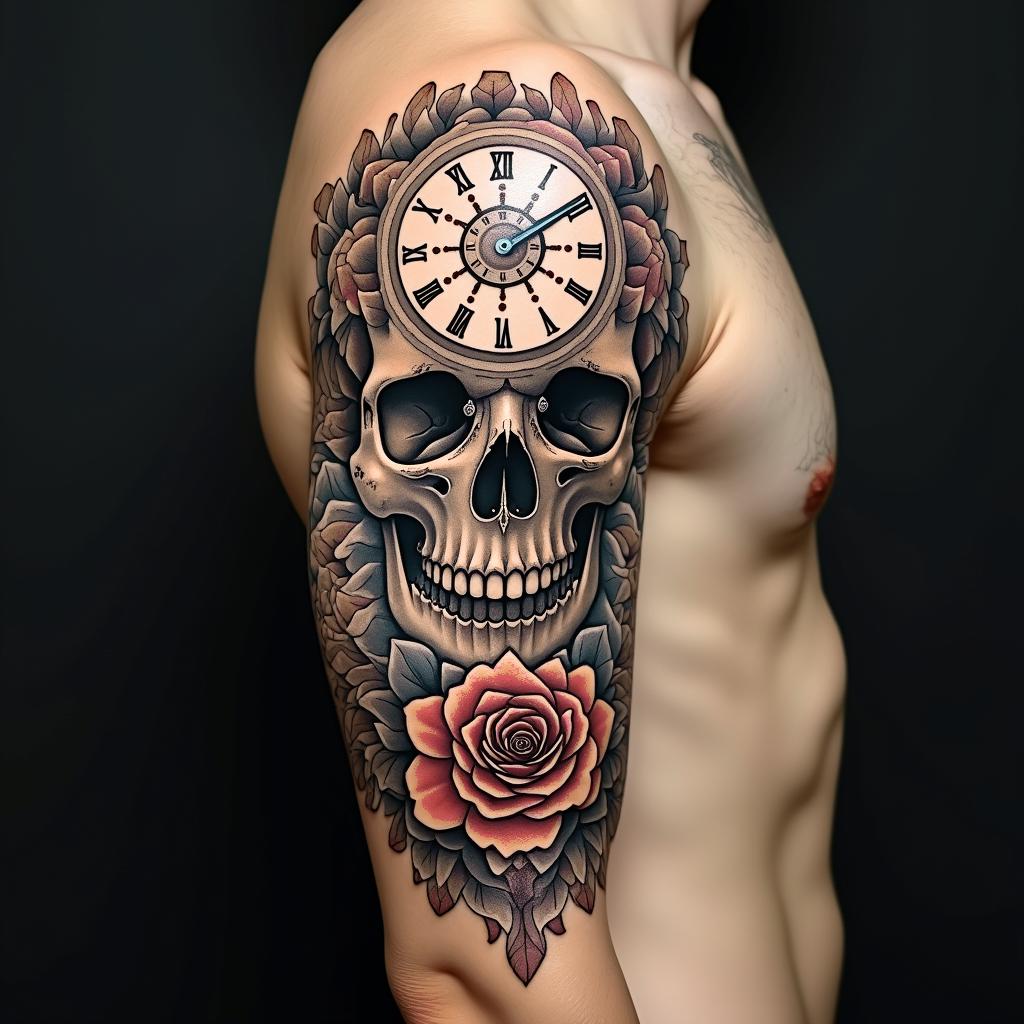 Skull with roses and clock elementsin dotwork style tattoo, complex mandala patterns, interlocking geometric shapes with sharp symmetry, clean lines, sharp angles - Variation 2