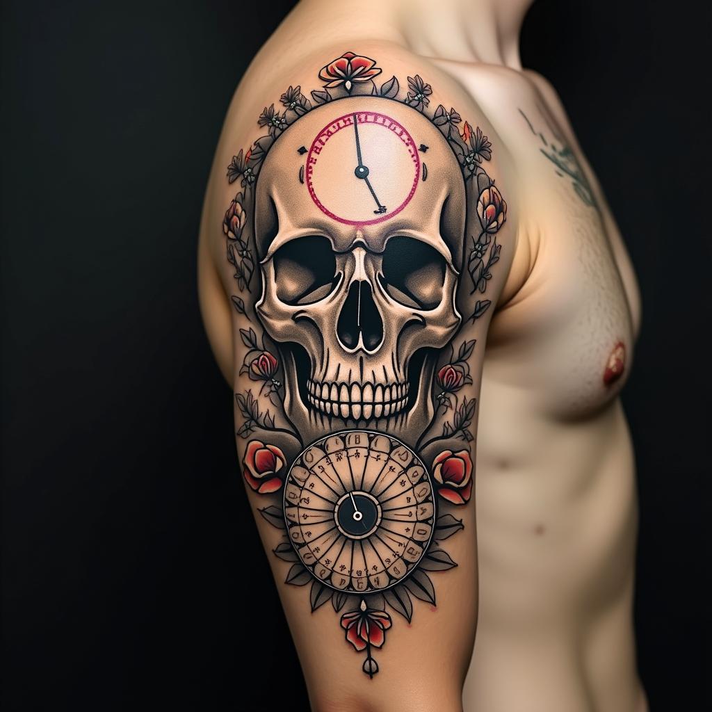 Skull with roses and clock elementsin dotwork style tattoo, complex mandala patterns, interlocking geometric shapes with sharp symmetry, clean lines, sharp angles