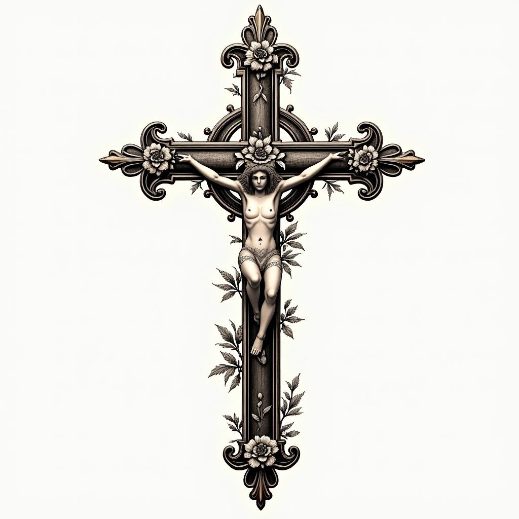 Psalms 46:5 crossin victorian style tattoo, featuring vintage and elegant elements, ornate frames, roses, antique, sepia-toned color scheme - Variation 2
