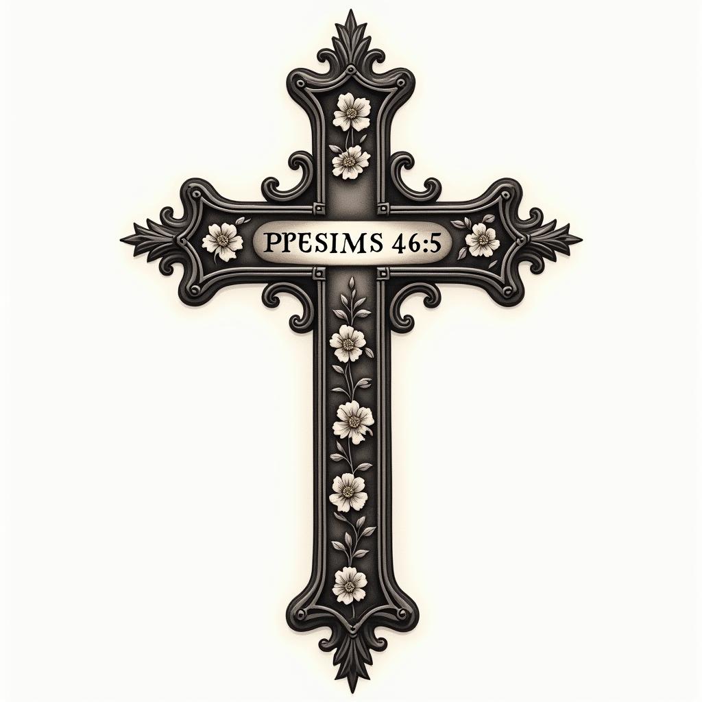 Psalms 46:5 crossin victorian style tattoo, featuring vintage and elegant elements, ornate frames, roses, antique, sepia-toned color scheme