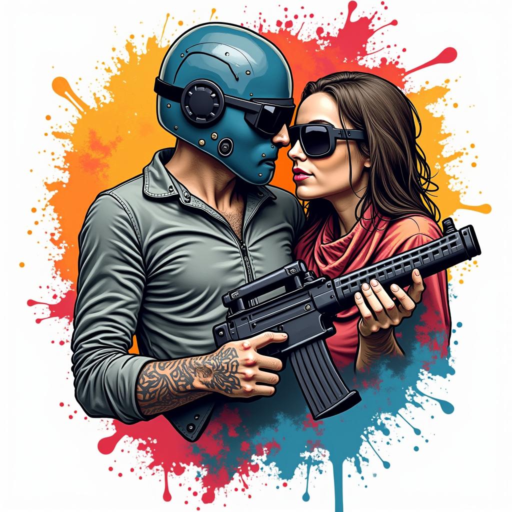 Father of 2 children with a wife born in '79 who likes paintball.in pop art style tattoo, featuring bold and vibrant colors, exaggerated outlines, iconic imagery, inspired by comic books and speech bubbles, comic book characters, retro pop culture - Variation 3