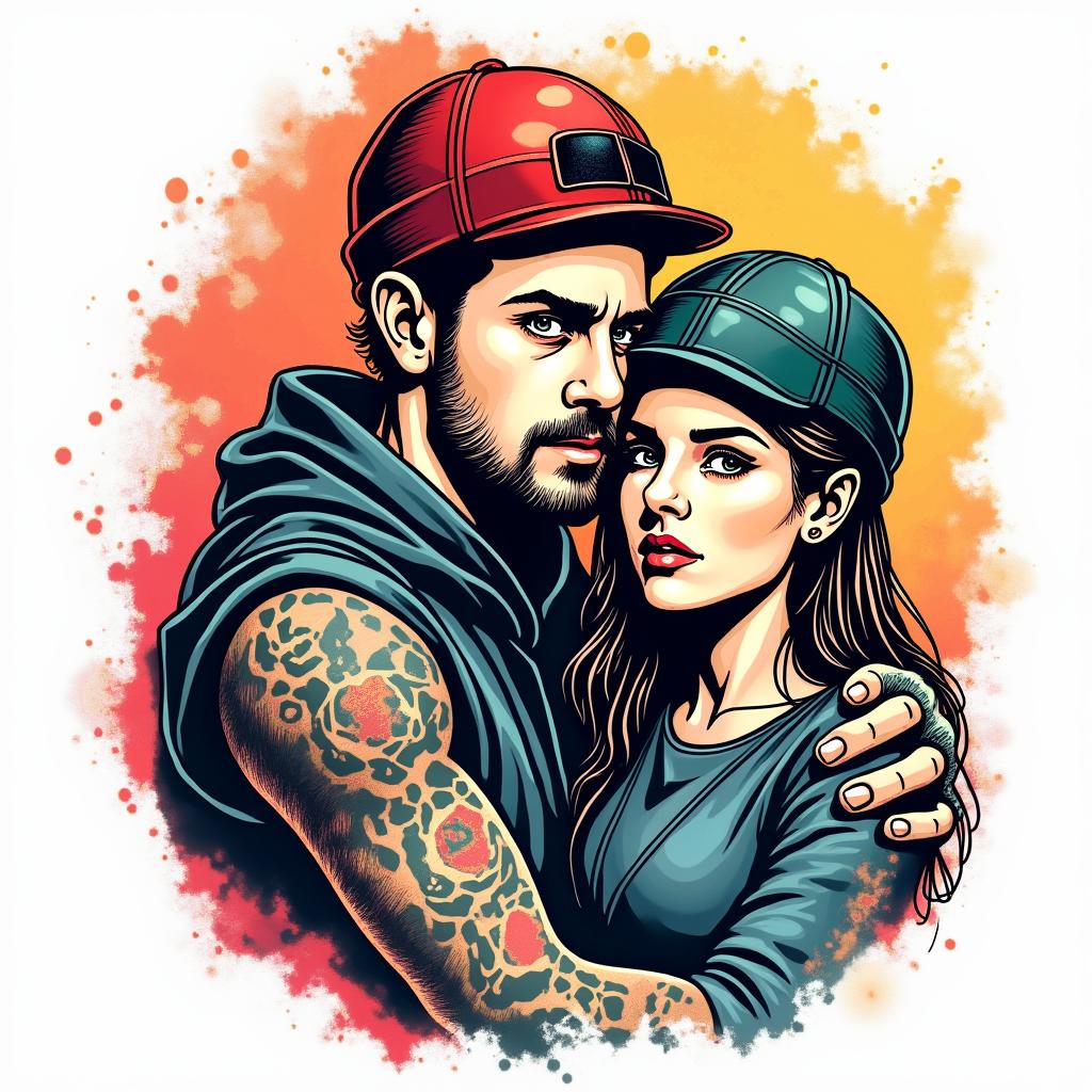 Father of 2 children with a wife born in '79 who likes paintball.in pop art style tattoo, featuring bold and vibrant colors, exaggerated outlines, iconic imagery, inspired by comic books and speech bubbles, comic book characters, retro pop culture