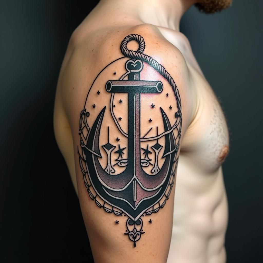 Anchor with nautical rope and compassin dotwork style tattoo, complex mandala patterns, interlocking geometric shapes with sharp symmetry, clean lines, sharp angles - Variation 15
