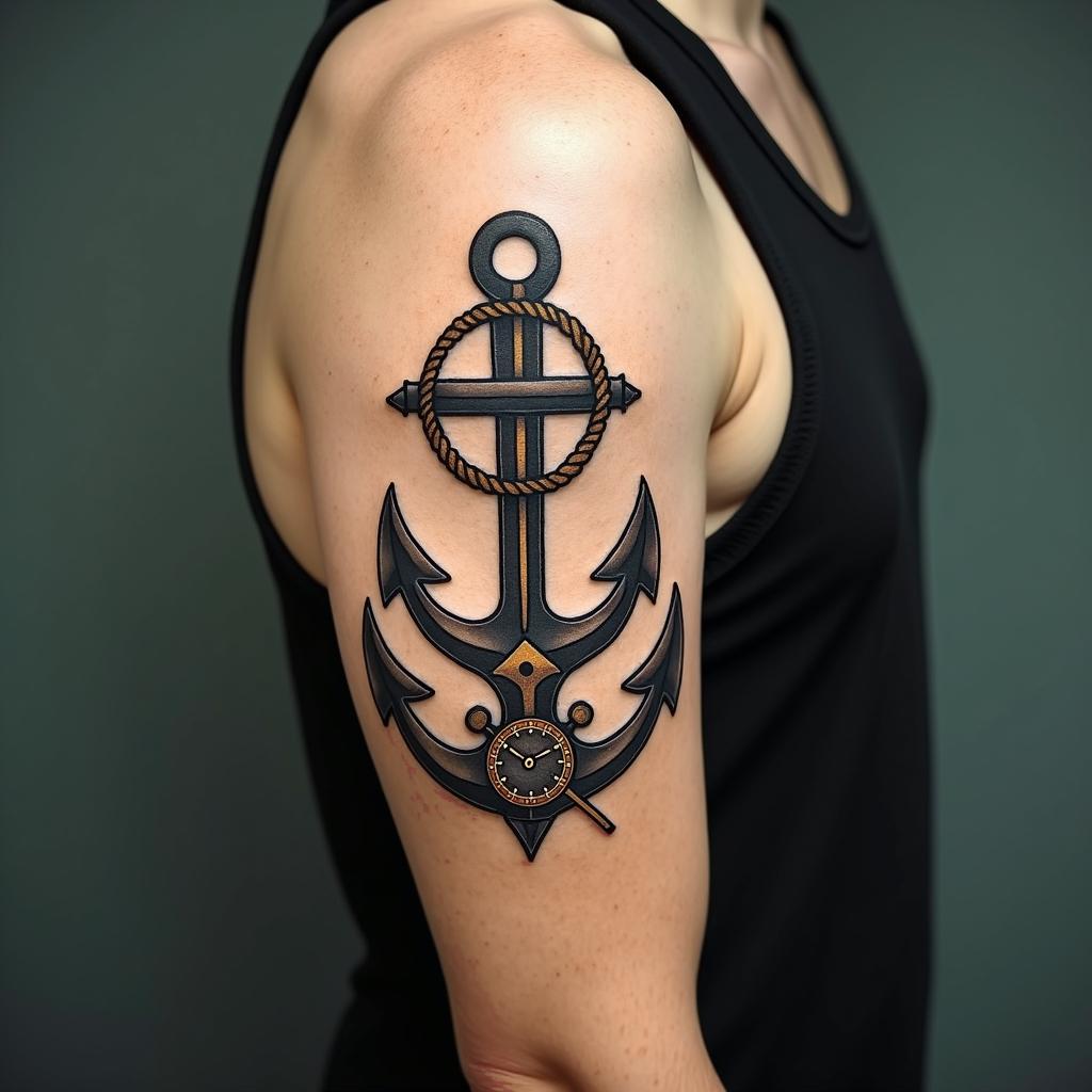 Anchor with nautical rope and compassin new school tattoo, pop culture, modern, detailed tattoo, illustrative - Variation 3
