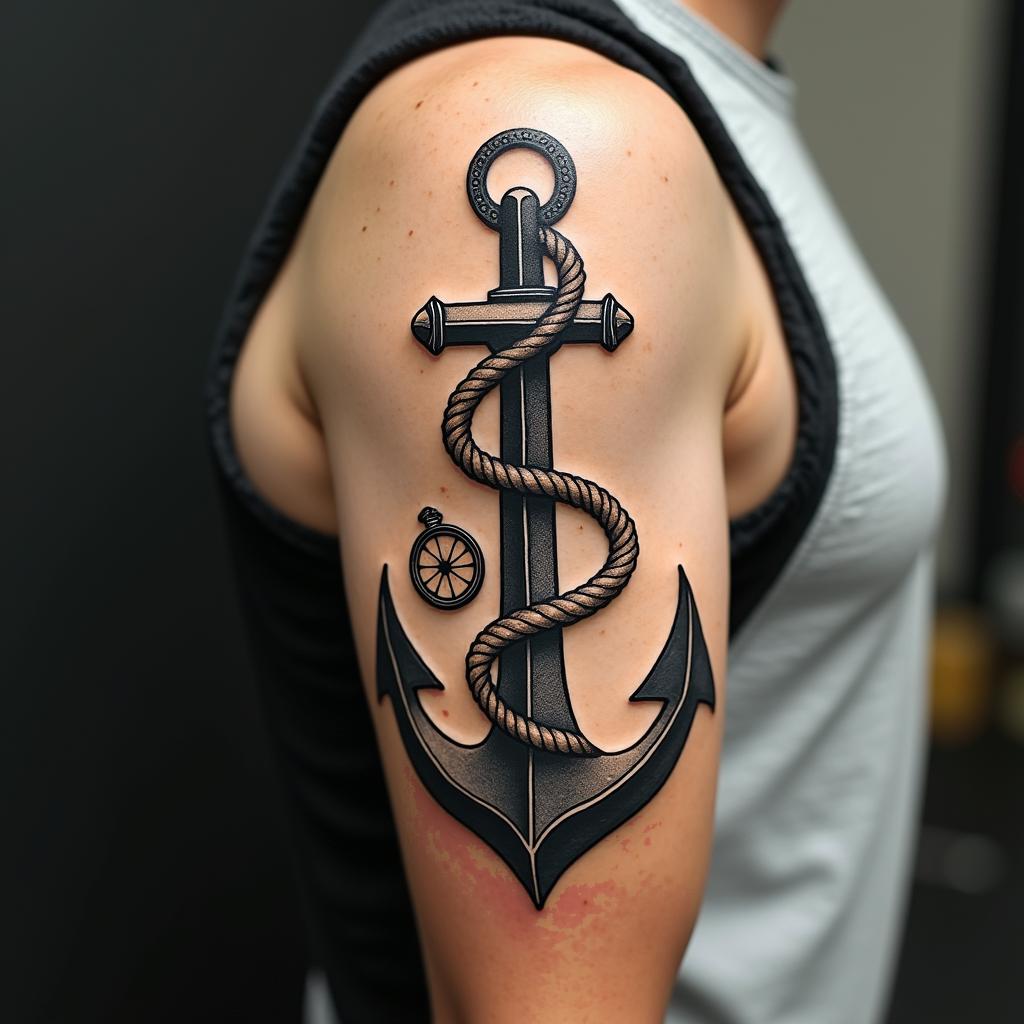 Anchor with nautical rope and compassin new school tattoo, pop culture, modern, detailed tattoo, illustrative
