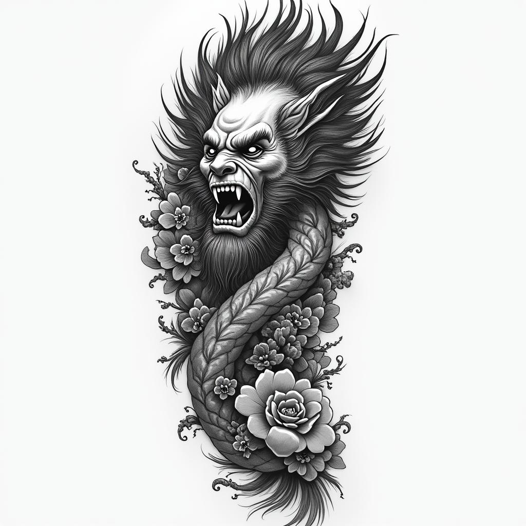 Yakuza style sleevein japanese style tattoo, detailed tattoo, traditional japanese culture tattoo, mythology, 8k - Variation 4