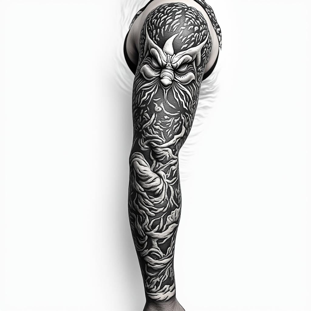 Yakuza style sleevein japanese style tattoo, detailed tattoo, traditional japanese culture tattoo, mythology, 8k