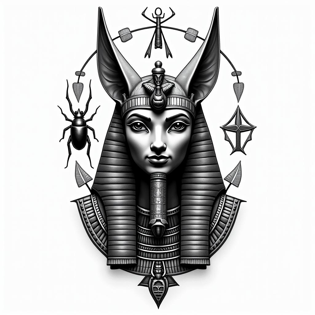 Anubis with scarab.

in egyptian style tattoo, bold elements of ancient egyptian culture including a portrait of an Egyptian pharaoh with detailed facial features, in hieroglyphs and symbolic imagery, eye of horus, ankh symbol, scarab beetle